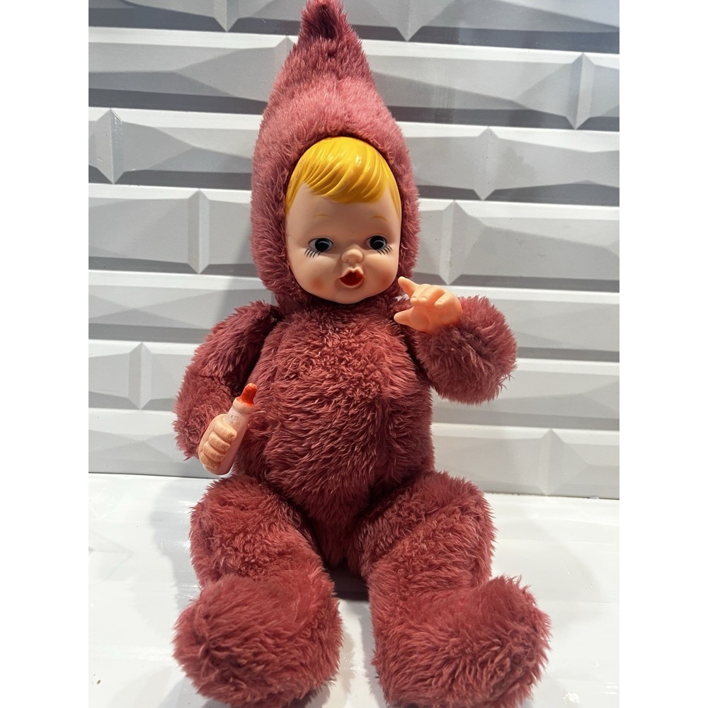 Vintage 20" MCM Pink Plush Stuffed Snow Baby Rubber Face Hands &‎ Bottle Doll